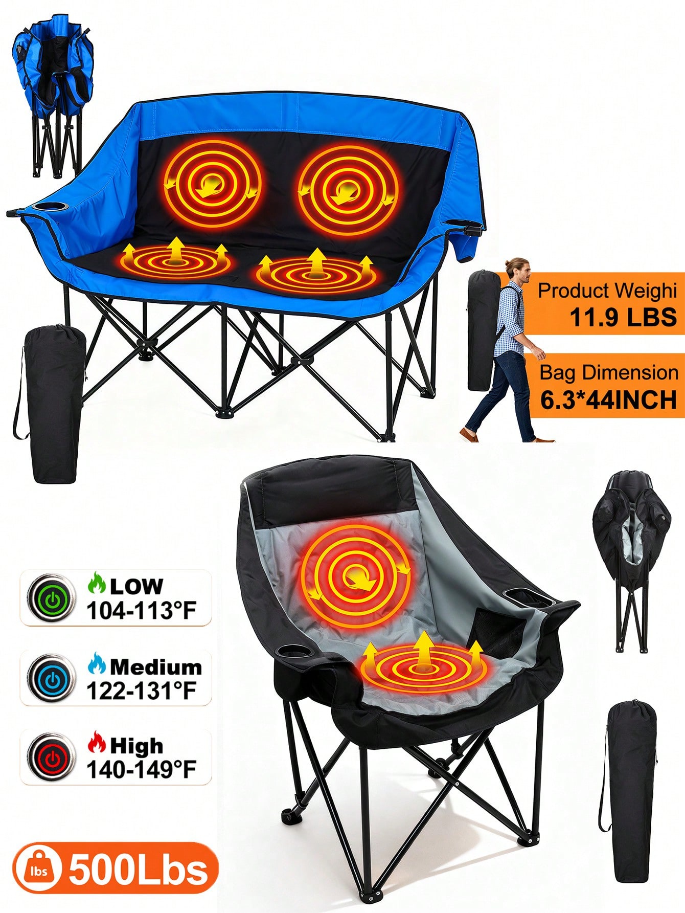 Outdoor Oversized Camping Chair - Isıtmalı Çift Kişilik Kamp Sandalyesi Isıtmalı
