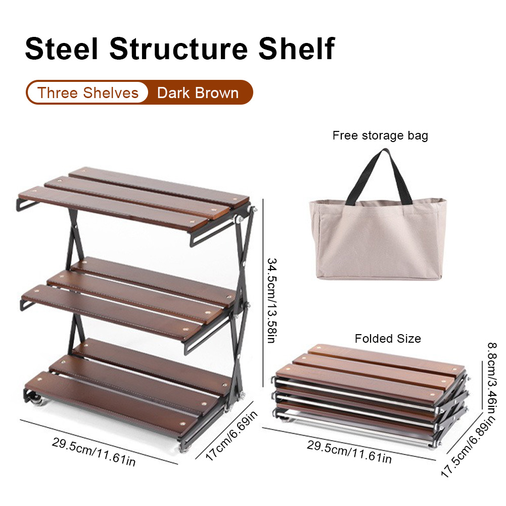 Outdoor Camping Table With Storage - 3 katmanlı katlanabilir ahşap kamp rafı